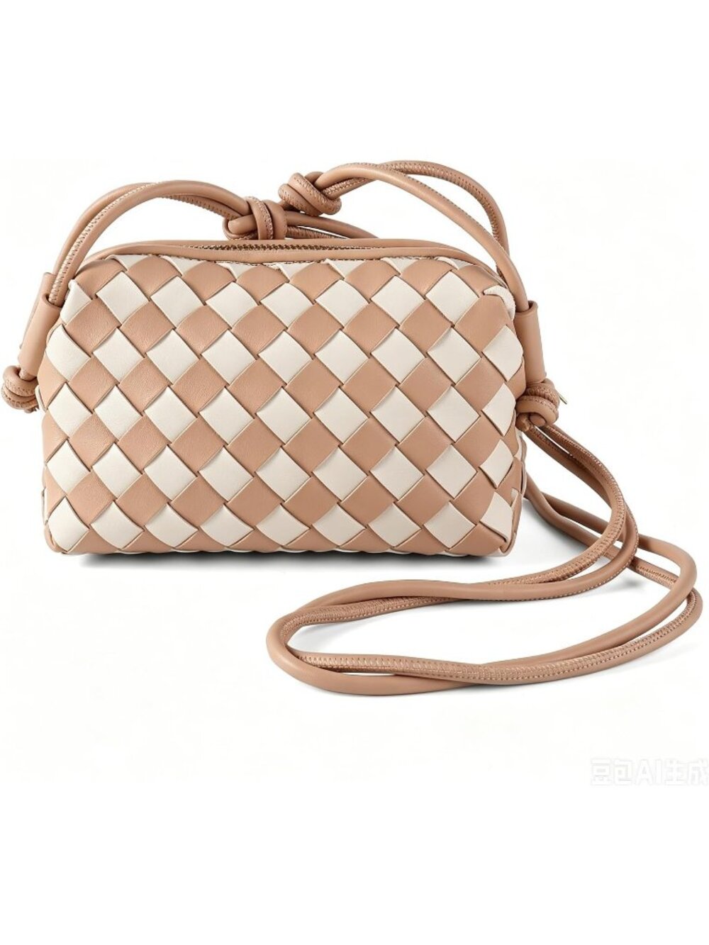 Women's Apricot White Woven Leather Adjustable Strap Evening Crossbody Bag